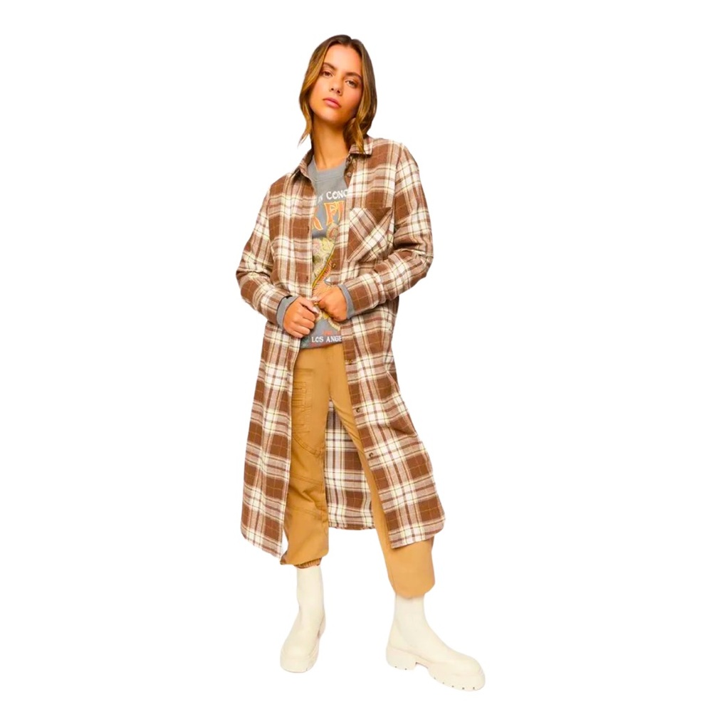Plaid Flannel Longline Tunic - Brown